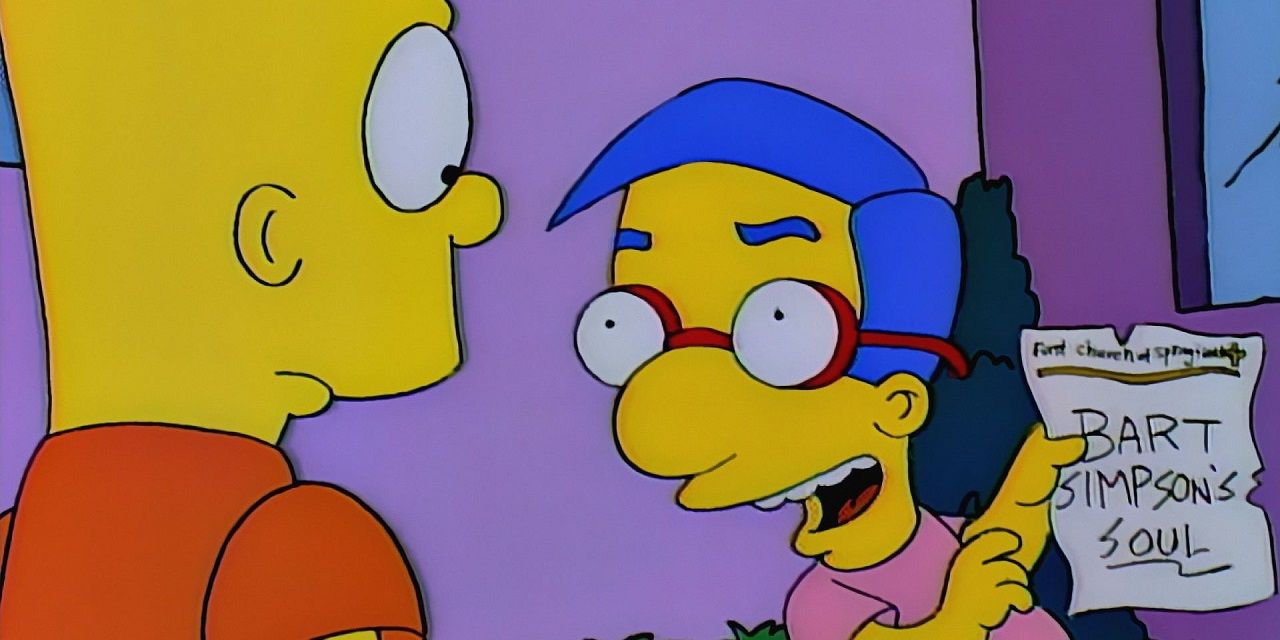 Milhouse holding up a piece of paper and sneering at Bart in The Simpsons.
