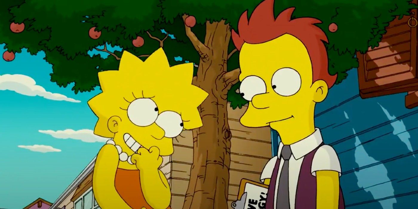 Lisa smiling at Colin as they stand in front of a tree in The Simpsons.