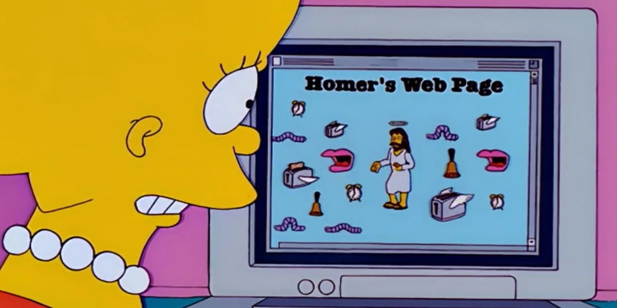 Lisa looking worried as she looks at Homer's web page on a computer in The Simpsons.