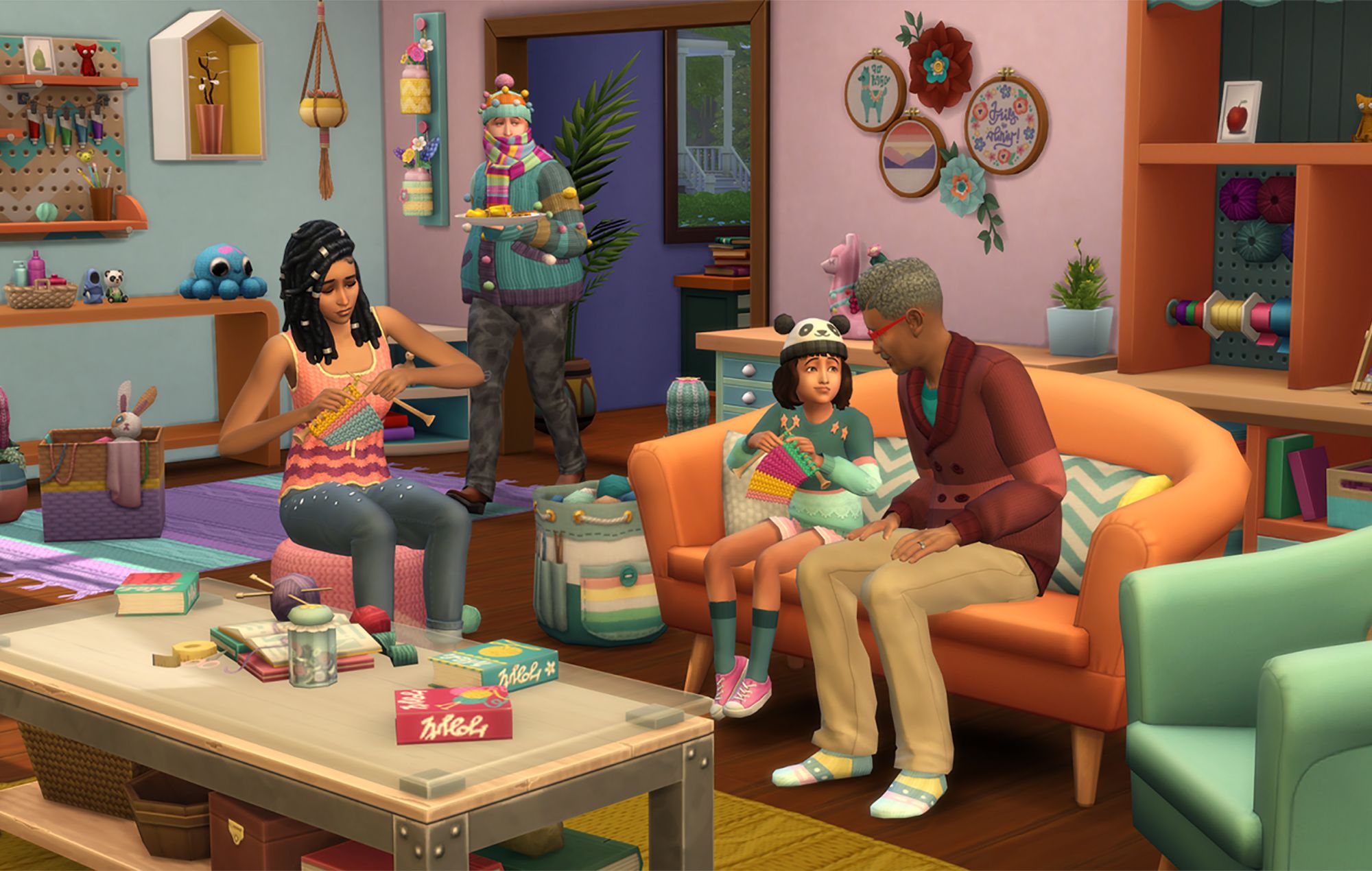A family of Sims knit together in The Sims 4: Nifty Knitting Stuff