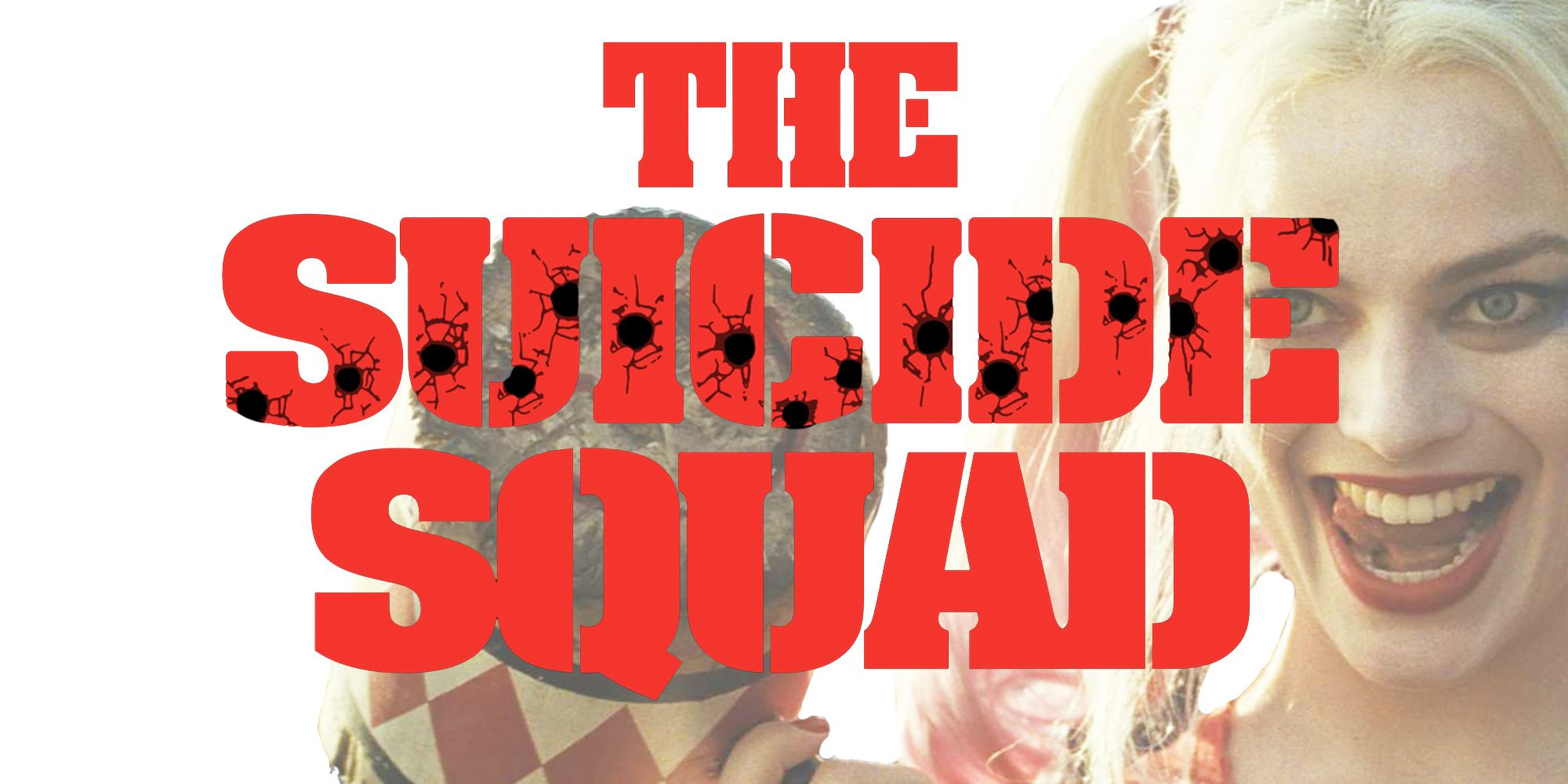 The Suicide Squad 2 logo superimposed over Margot Robbie as Harley Quinn