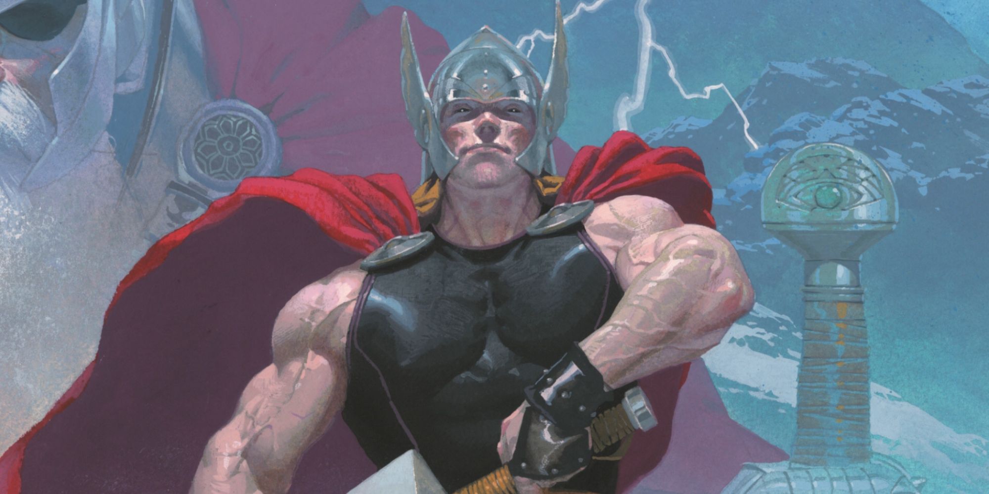 Future King Thor portrait over looking present Thor full figure.