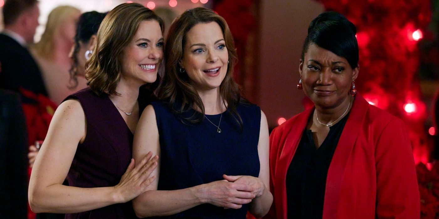 Three women smiling and talking at a holiday party in Sister Swap Christmas in the City