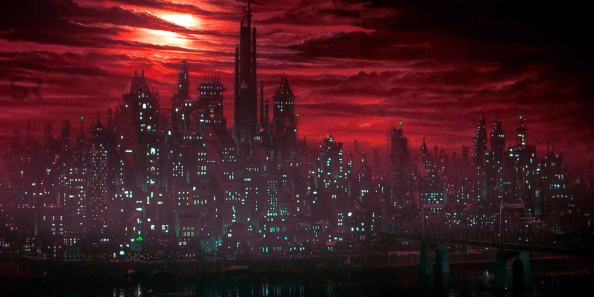 Tim Burton's Gotham City in red and black like Matt Reeves's The Batman