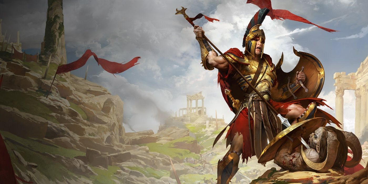 A warrior posing on the cover of Titan Quest