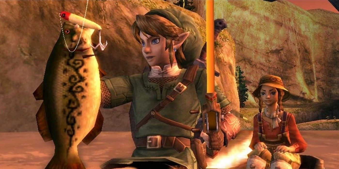 Link holding a fishing rod in one hand and a fish impaled on a hook in the other as a female character in a bucket hat sits behind him watching