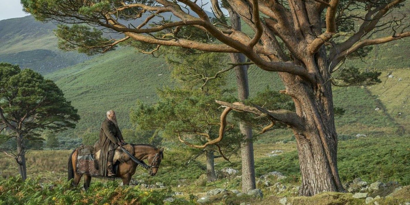 Ragnar on a horse by a tree in Vikings