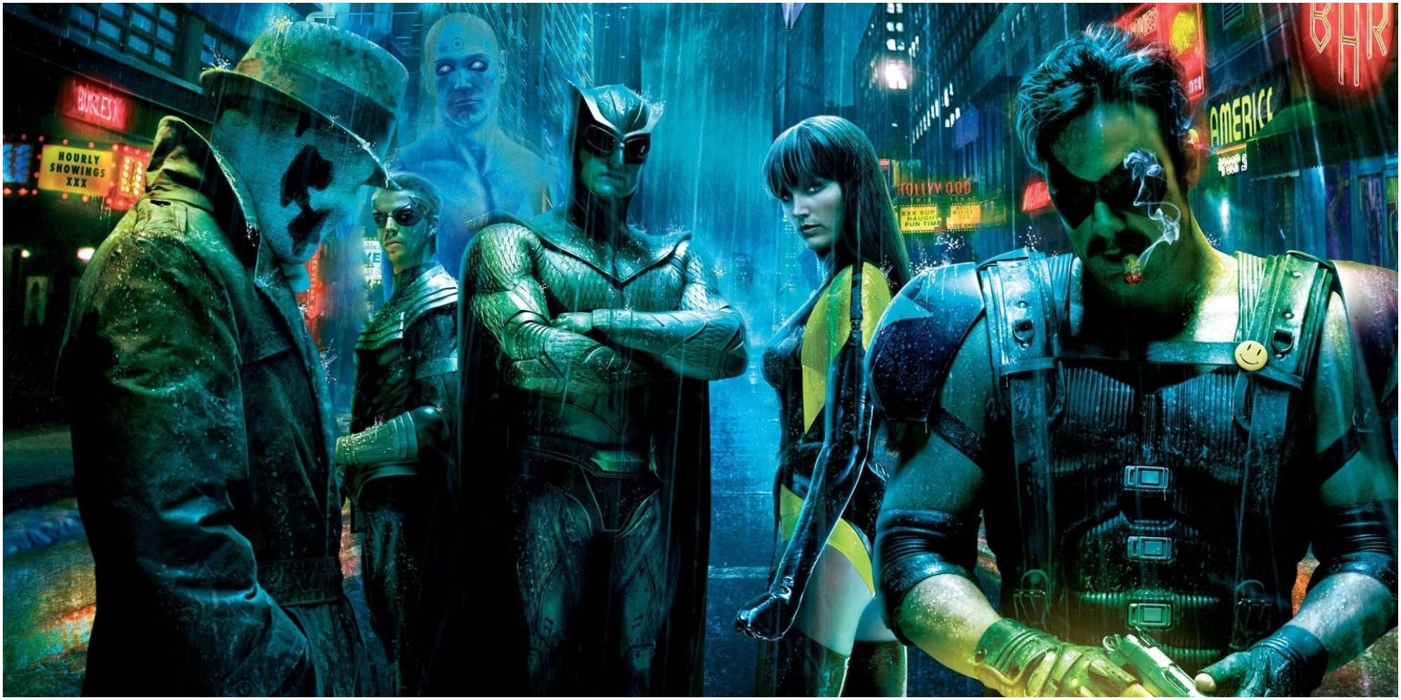 A split image of Nite Owl, Rorschach, Laurie Jupiter, and The Comedian in Watchmen