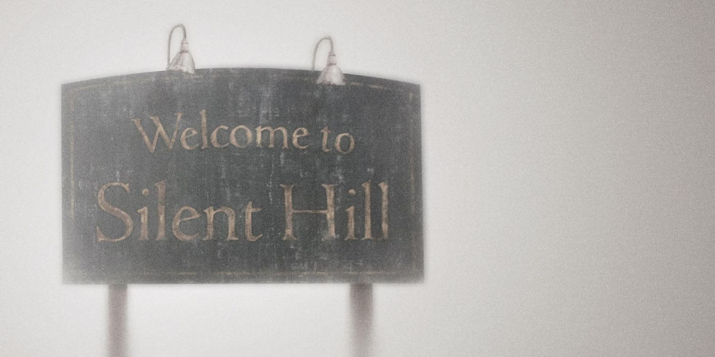 The welcome sign from Silent Hill is draped in fog.