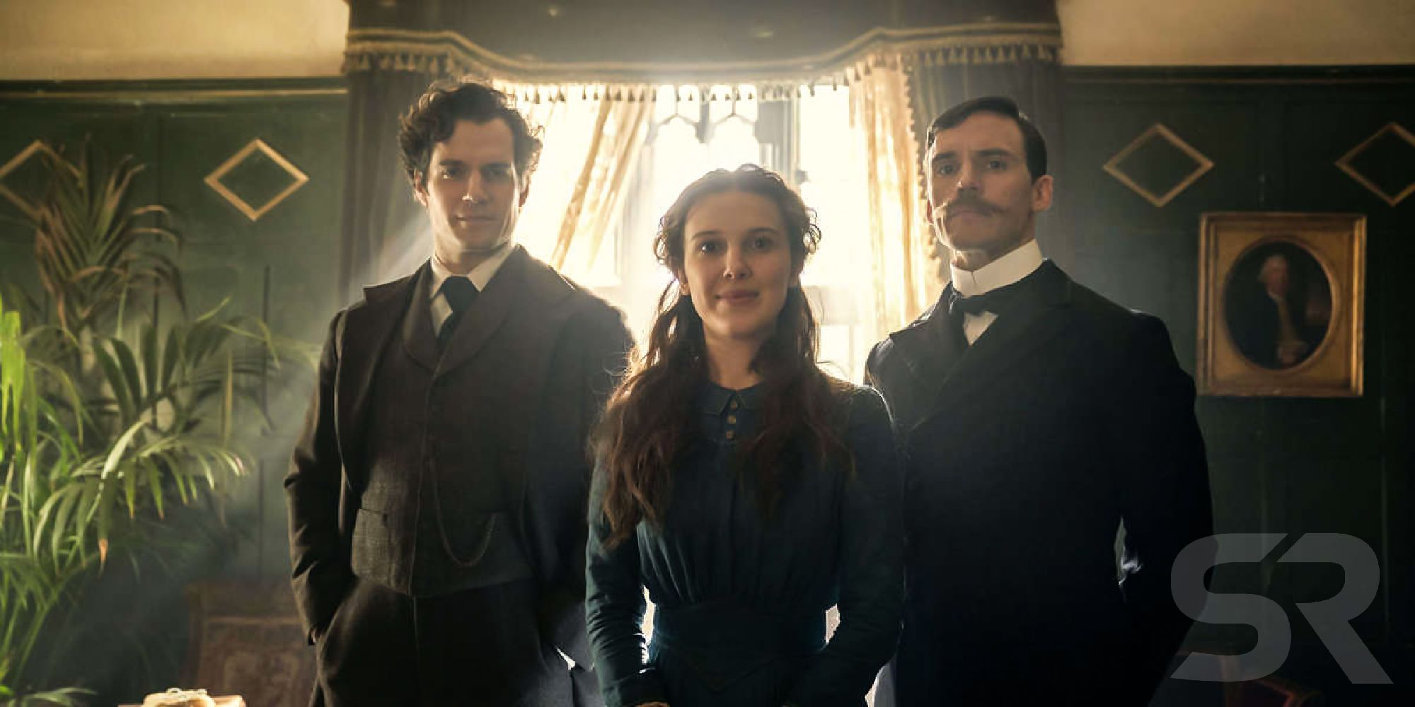 Millie Bobby Brown, Henry Cavill and Sam Claflin in Enola Holmes