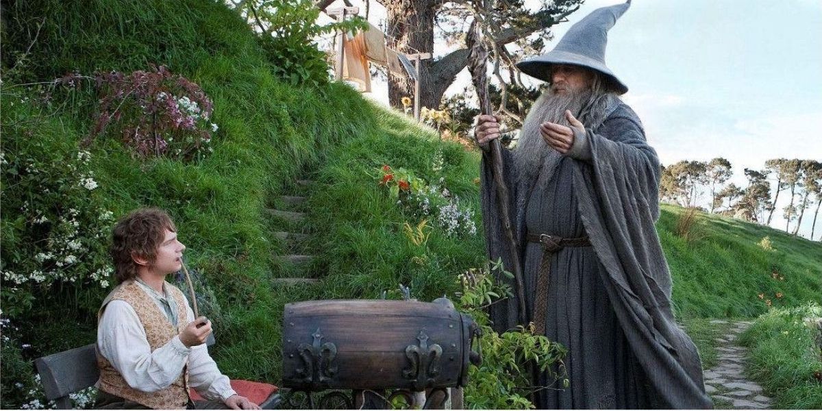 Gandalf meets Bilbo for the first time at Bag End