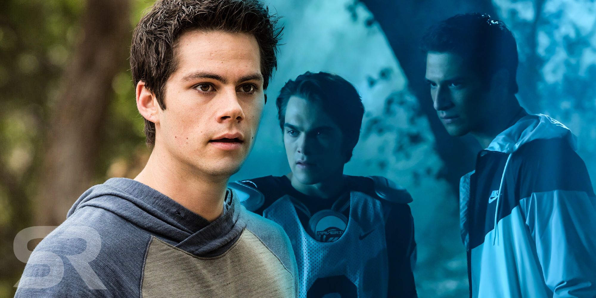 A blended image features Dylan O'Brien as Stiles in Teen Wolf alongside Dylan Sprayberry as Liam and Tyler Posey as Scott McCall in the final season of Teen Wolf