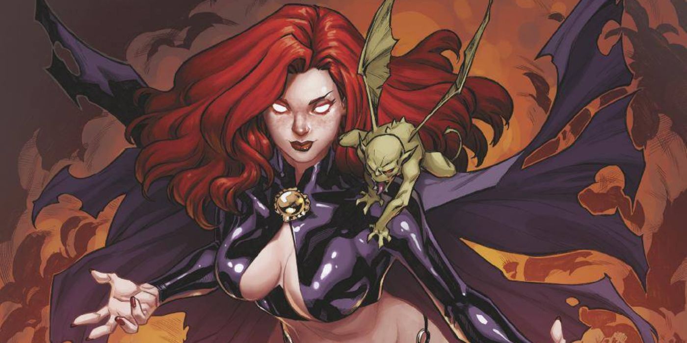 Madelyne Pryor, dos X-Men, com um goblin no ombro em uma história em quadrinhos da Marvel