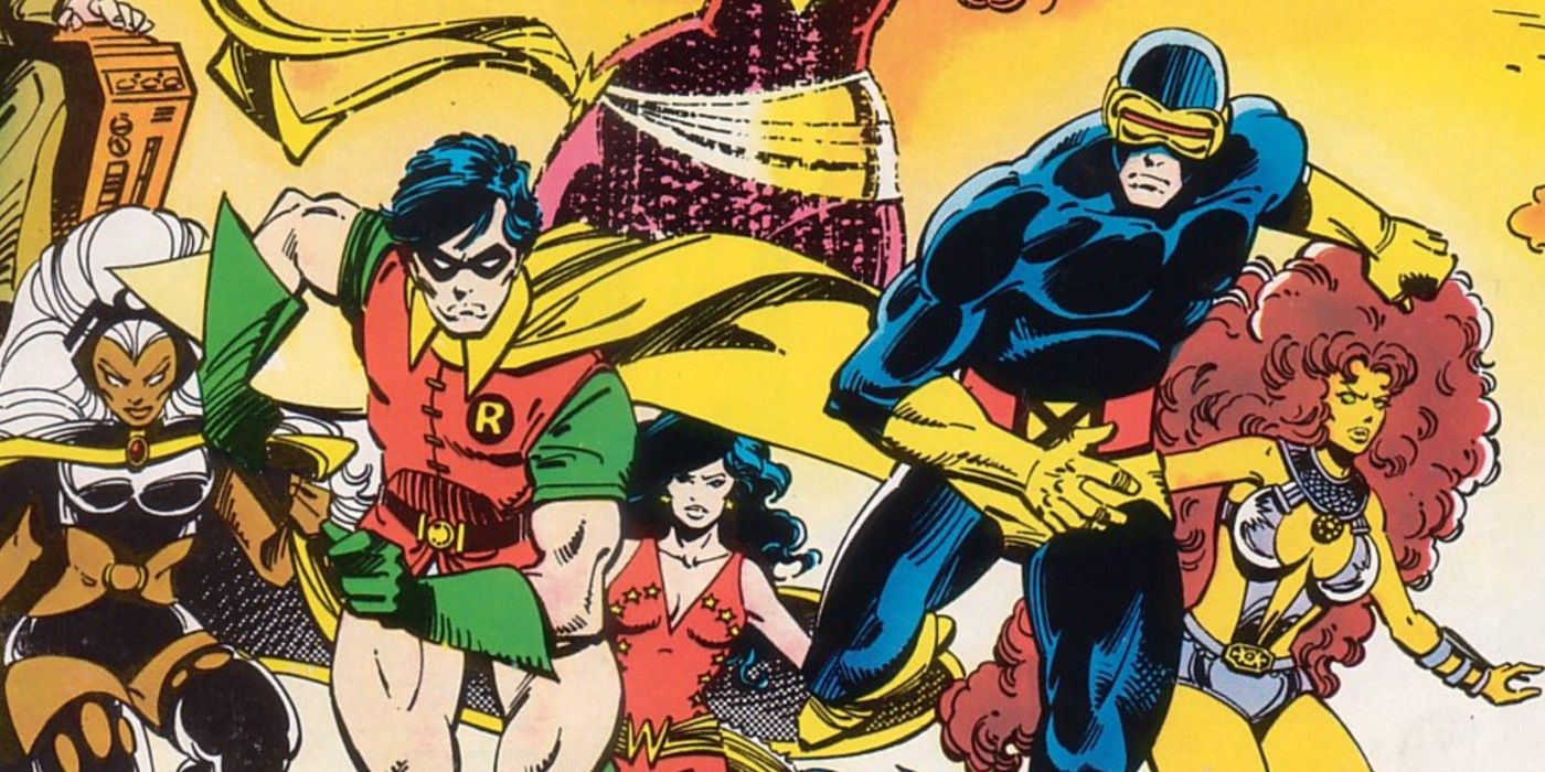 Robin and Cyclops leading the Teen Titans and X-Men into battle