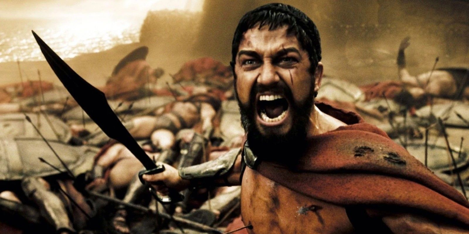 Gerard Butler yelling with a sword in 300 
