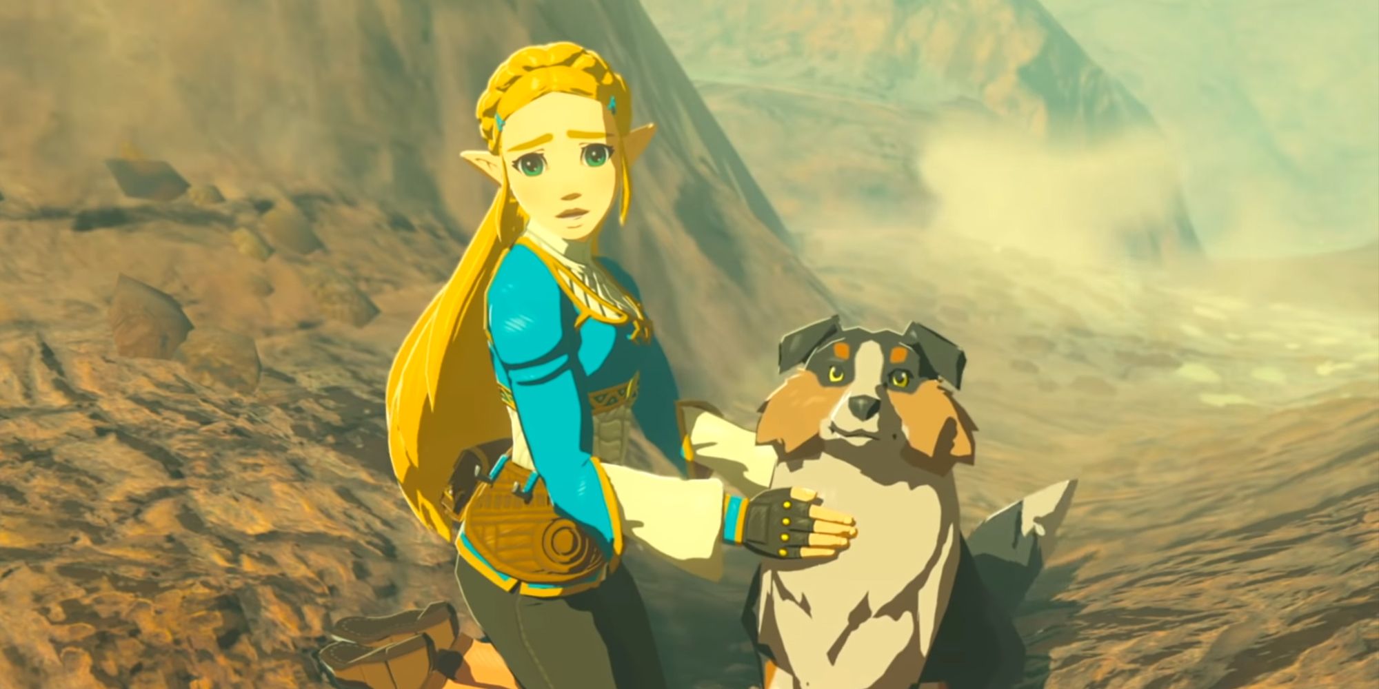 An image of Zelda in Breath of the Wild petting a dog
