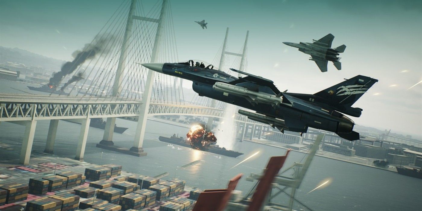 An aircraft flying through the sky in Ace Combat 7