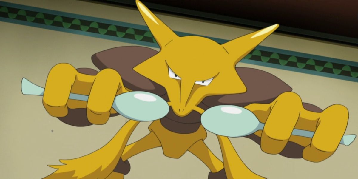 Alakazam holding his spoons in the Pokémon anime