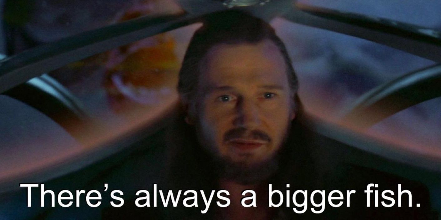 Qui-Gon Jinn comments that there is always a bigger fish after a big fish is eaten by a bigger fish on Naboo in The Phantom Menace