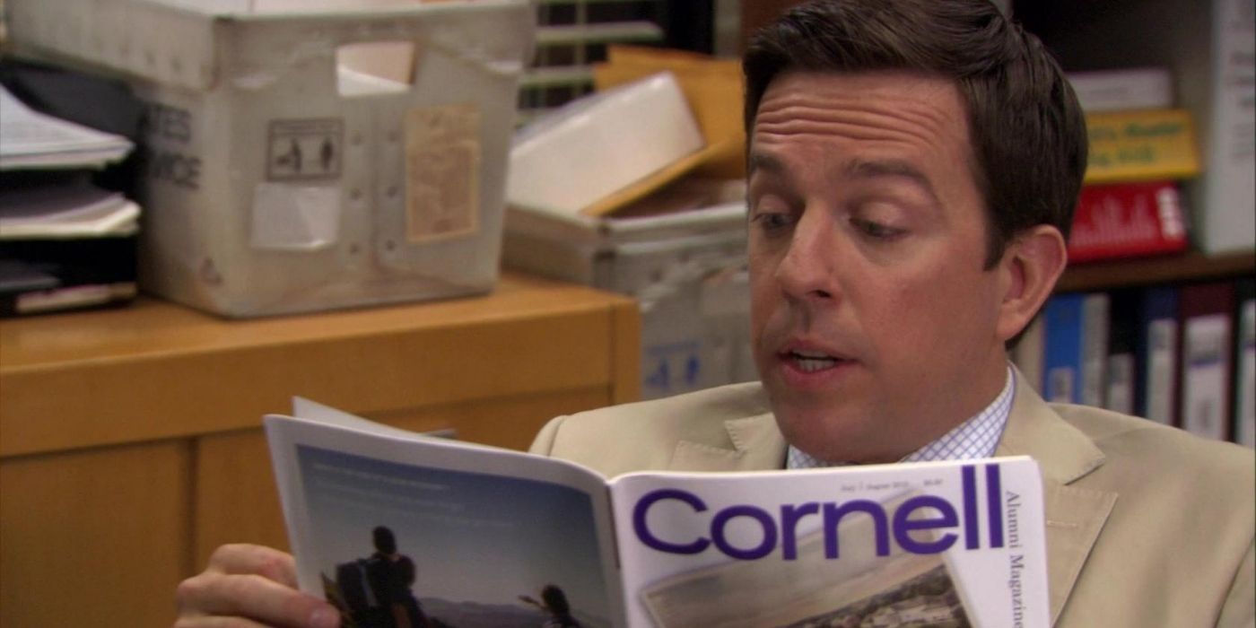 Andy Bernard reads a Cornell alumni magazine in The Office