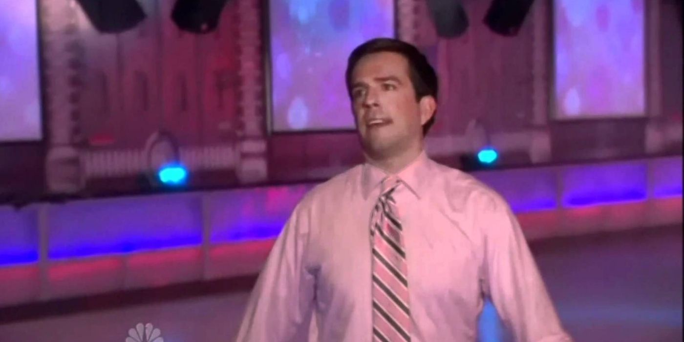 Andy happily rollerblades in a scene from The Office