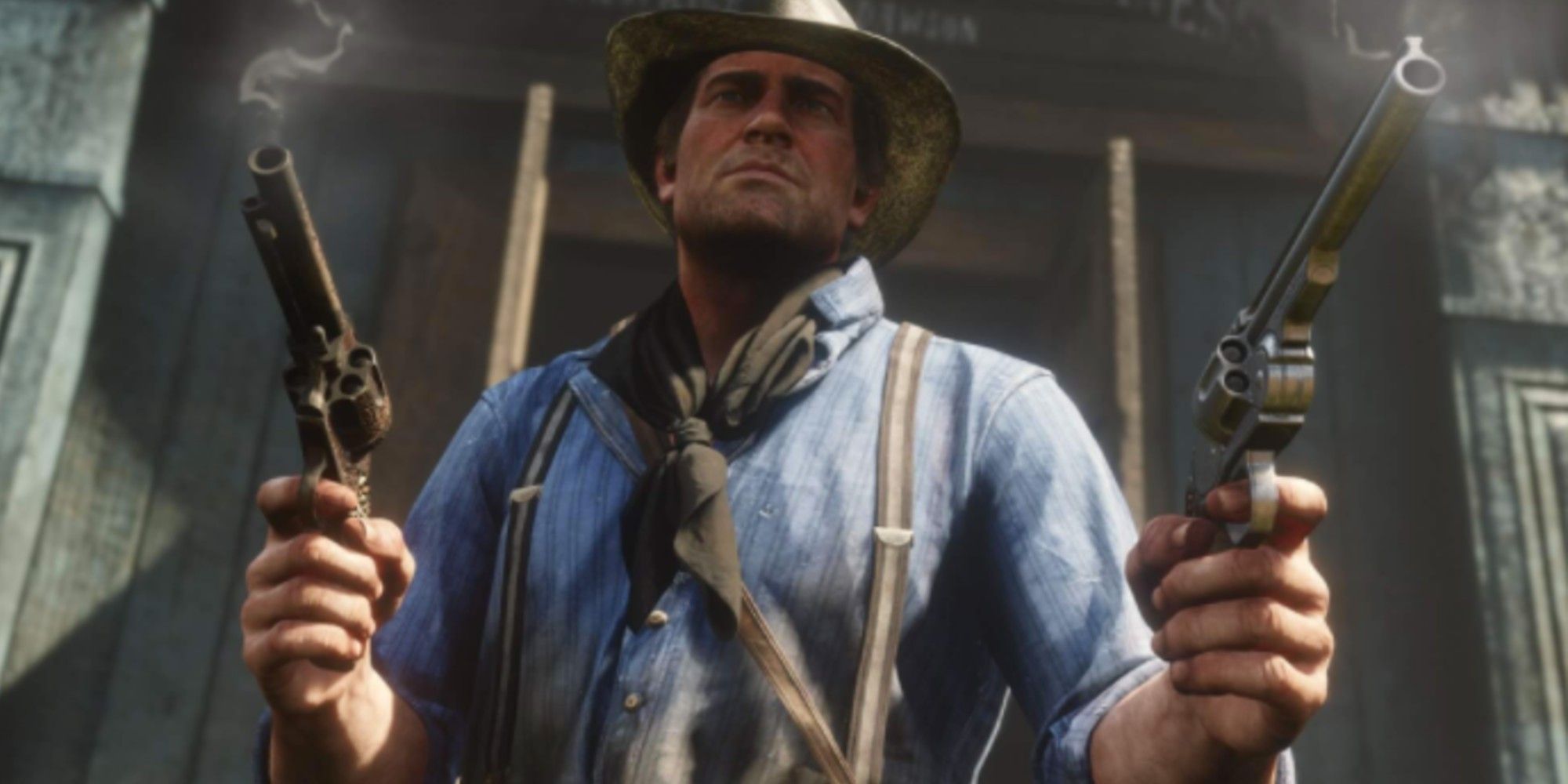 Arthur faces off against Pinkertons with guns akimbo in Red Dead Redemption 2