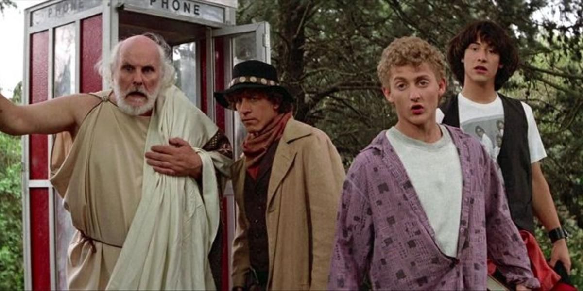 Socrates and Billy the Kid exit the phone booth in Bill &amp; Ted's Excellent Adventure