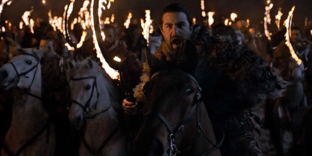 Dothraki on Horse with flaming sword in Game of Thrones 