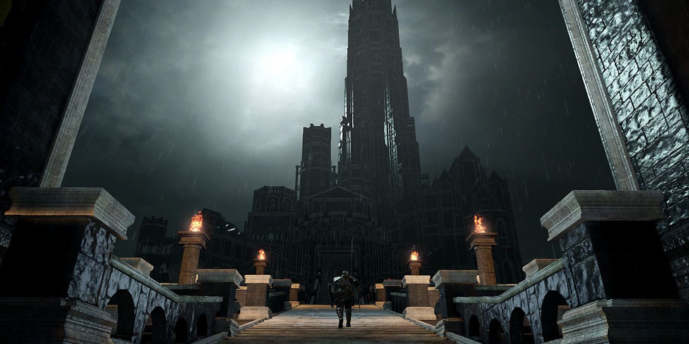 Grand view of Drangelic Castle in Dark Souls II
