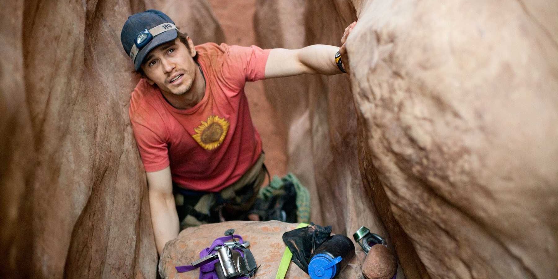 James Franco as Aaron Ralston trapped between boulders in 127 Hours