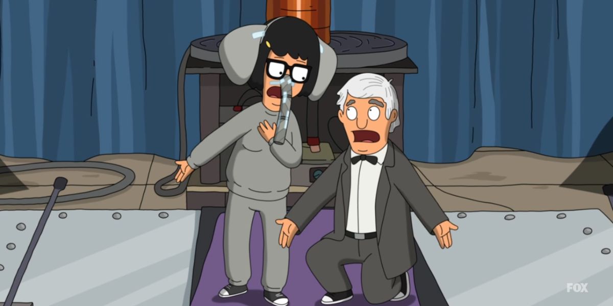 Tina dressed as an elephant singing with an old man in Bob's Burgers