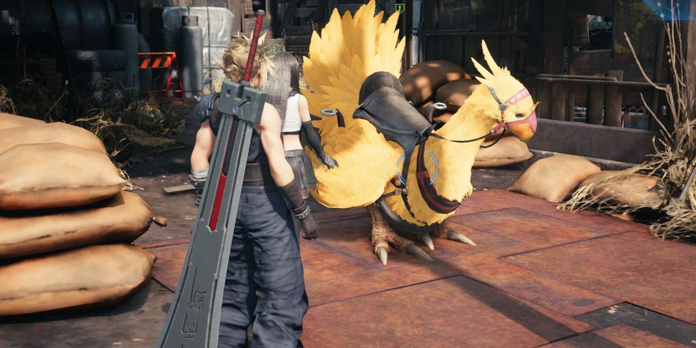 Cloud standing next to a saddled Chocobo in Final Fantasy 7 Remake.
