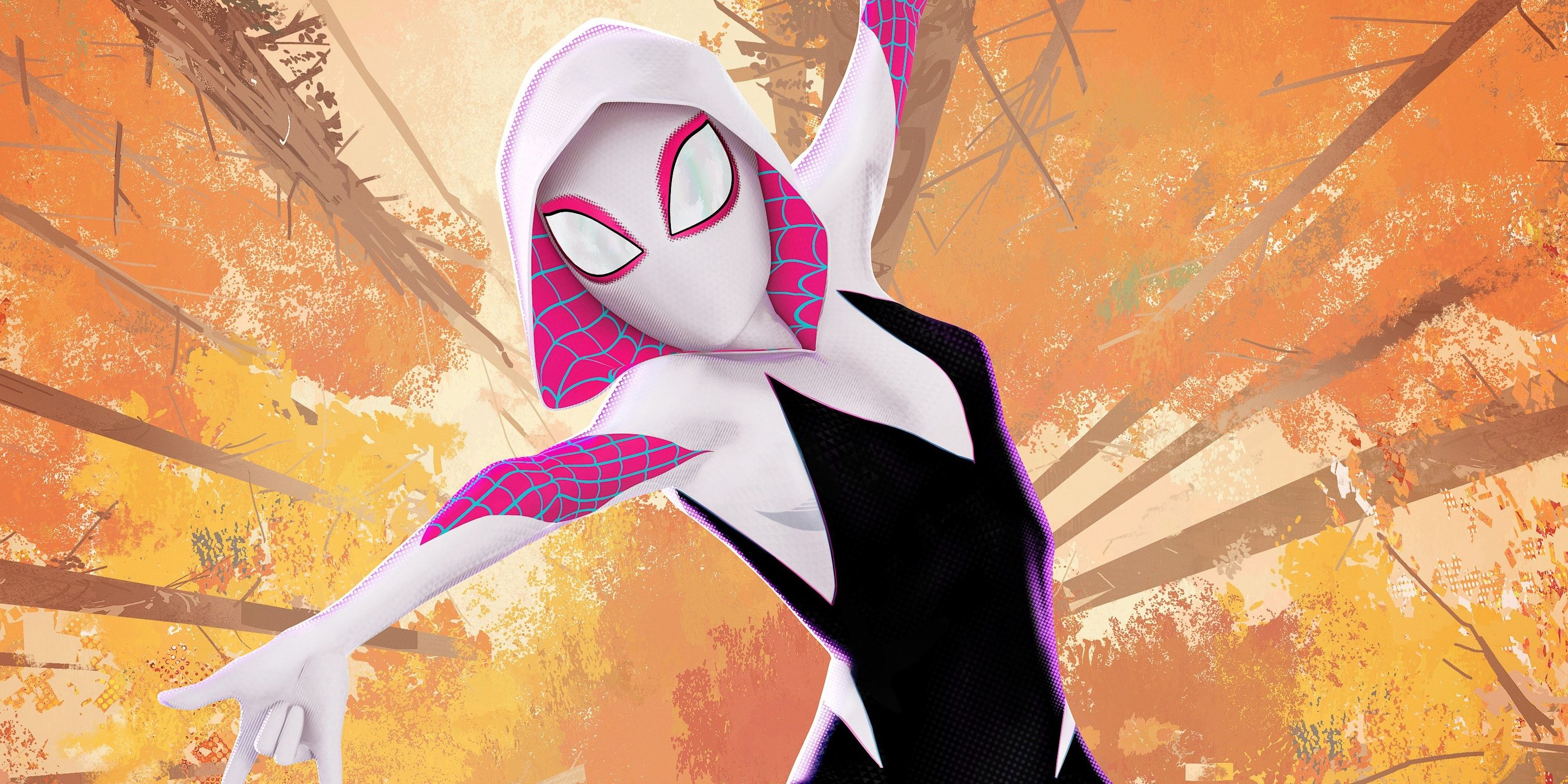 Gwen Stacy swinging through trees in Into the Spider-Verse