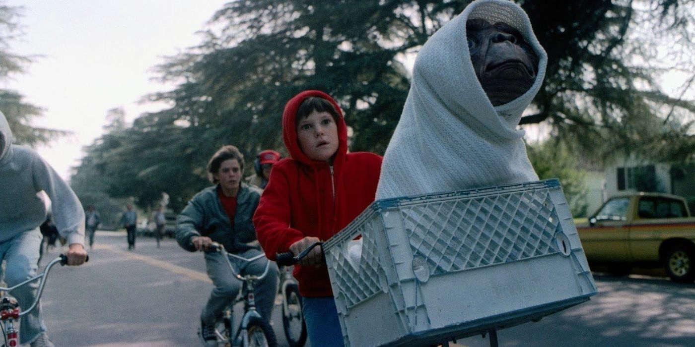 E.T. rising in the basket of Elliot's bike