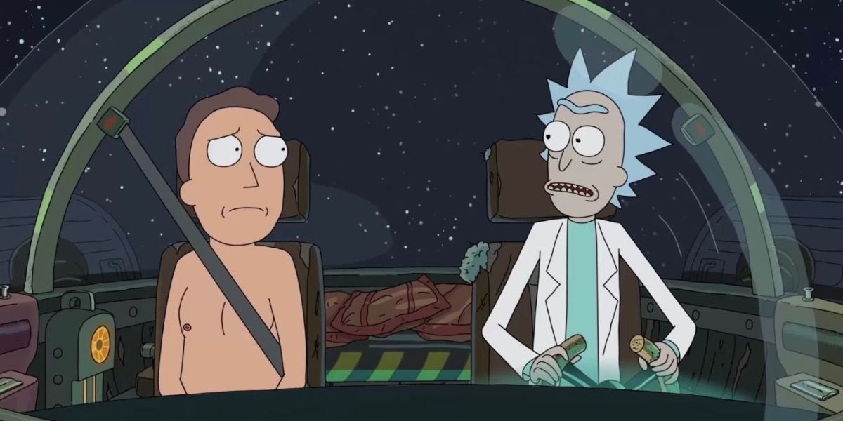 Jerry riding in Ricks ship shirtless in Rick and Morty