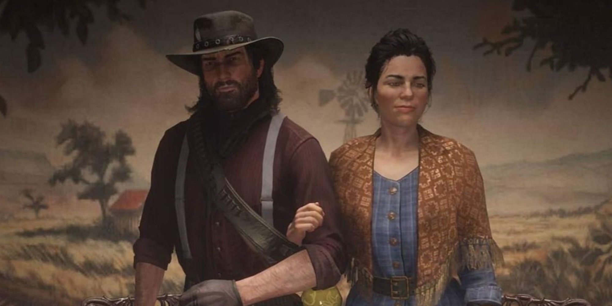 John and Abigail stand next to each other in Red Dead Redemption.