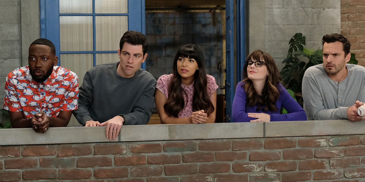 The cast of New Girl looking in the same direction