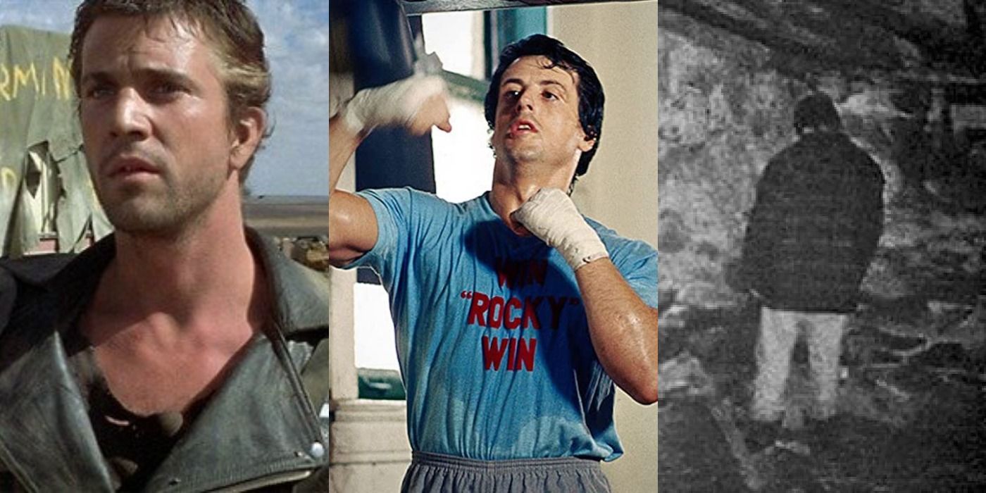 Collage of Mel Gibson in Mad Max, Sylvester Stallone in Rocky, and The Blair Witch Project.
