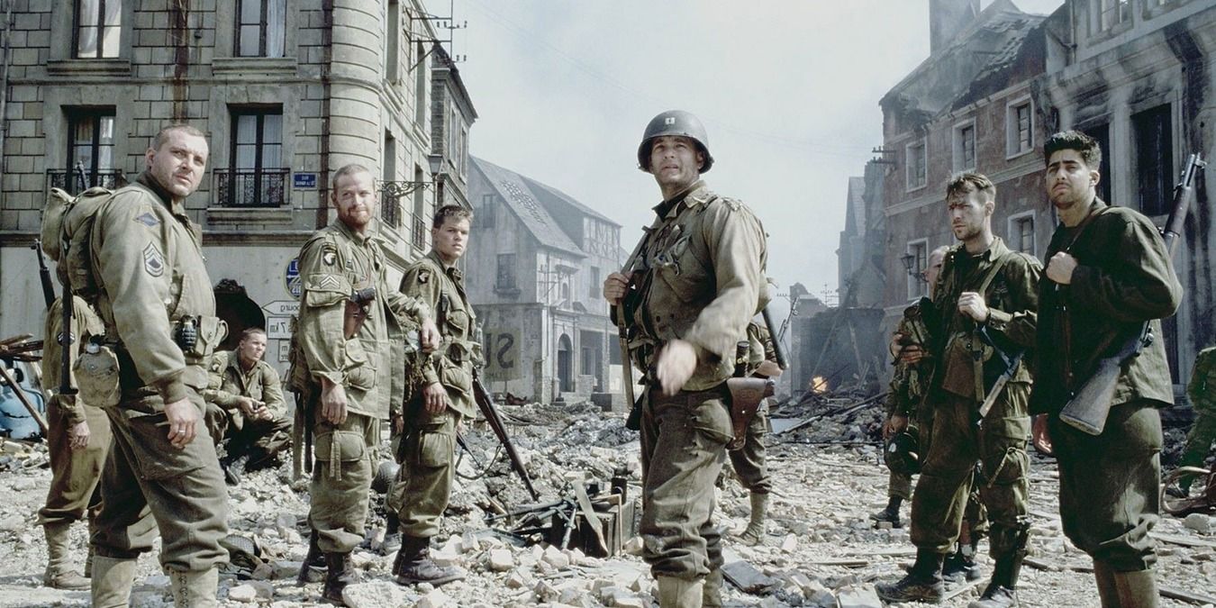 American soldiers stand around looking cool in Saving Private Ryan.