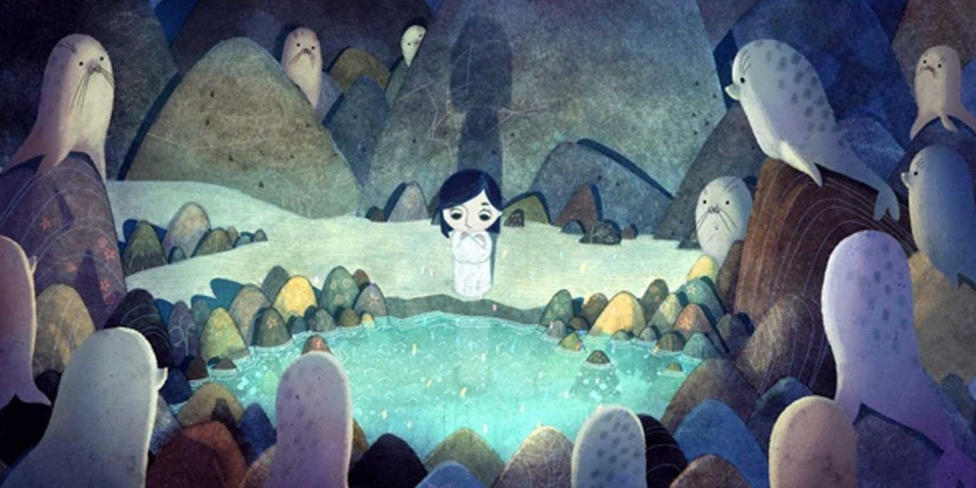 Song of the Sea's main character looking down on pond