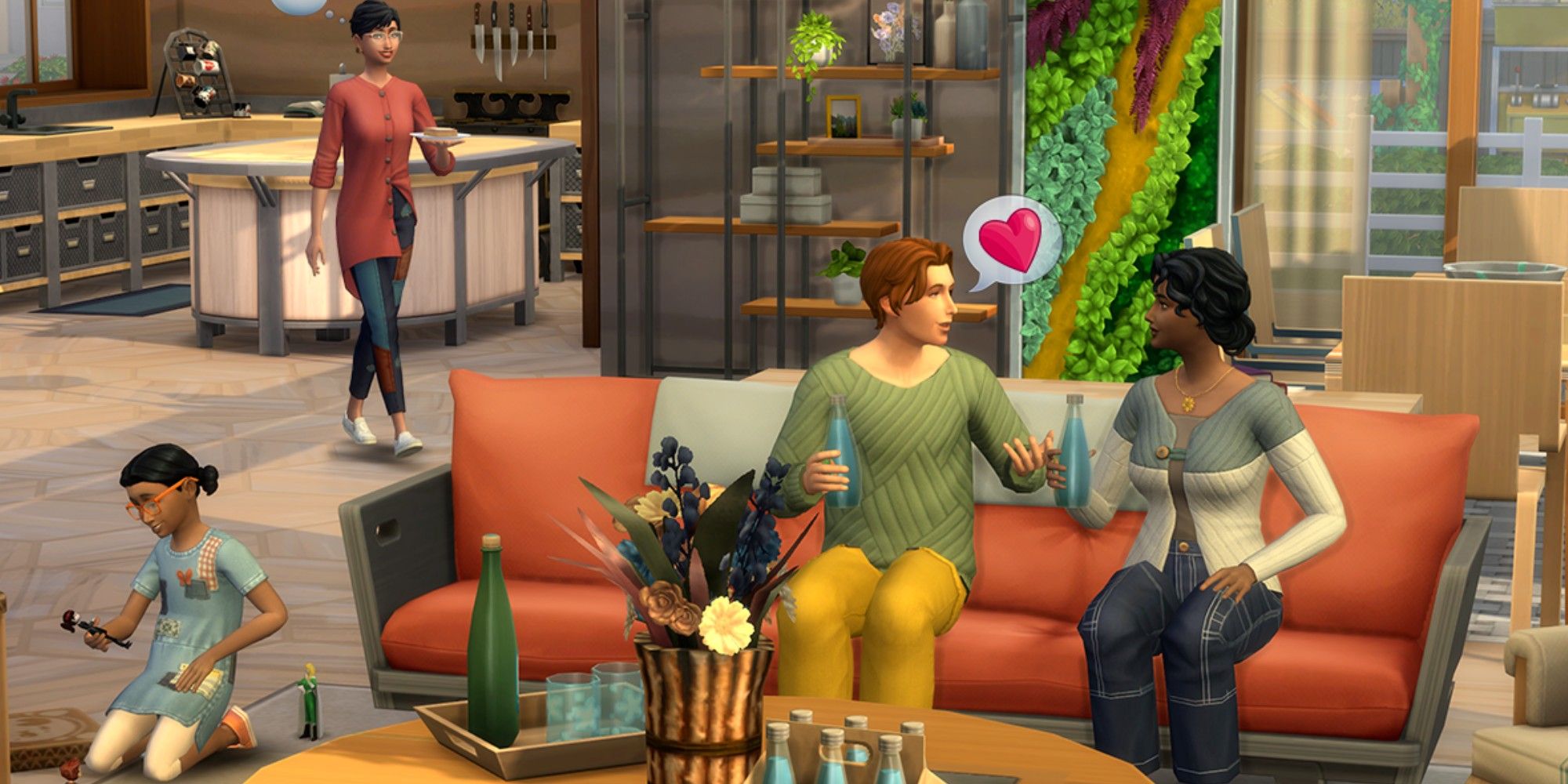 Two sims chat on a couch and a third one walks behind them