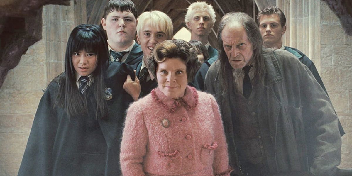 Dolores Umbridge with a pack of Slytherins, Cho Chang, and Filch in Harry Potter