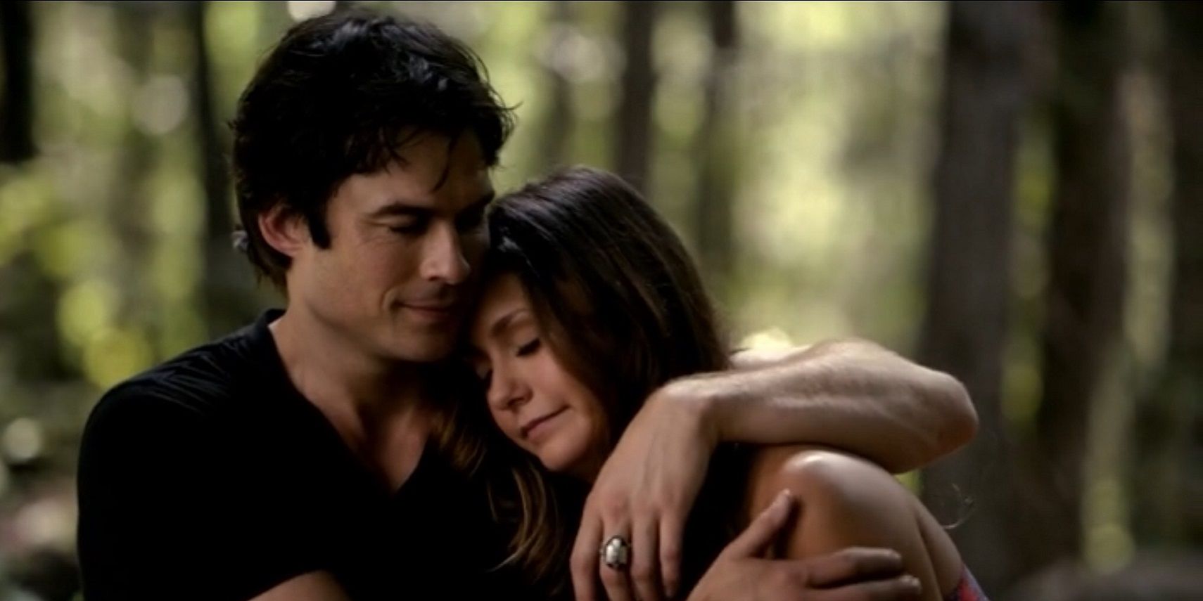 Damon comforting Elena in The Vampire Diaries