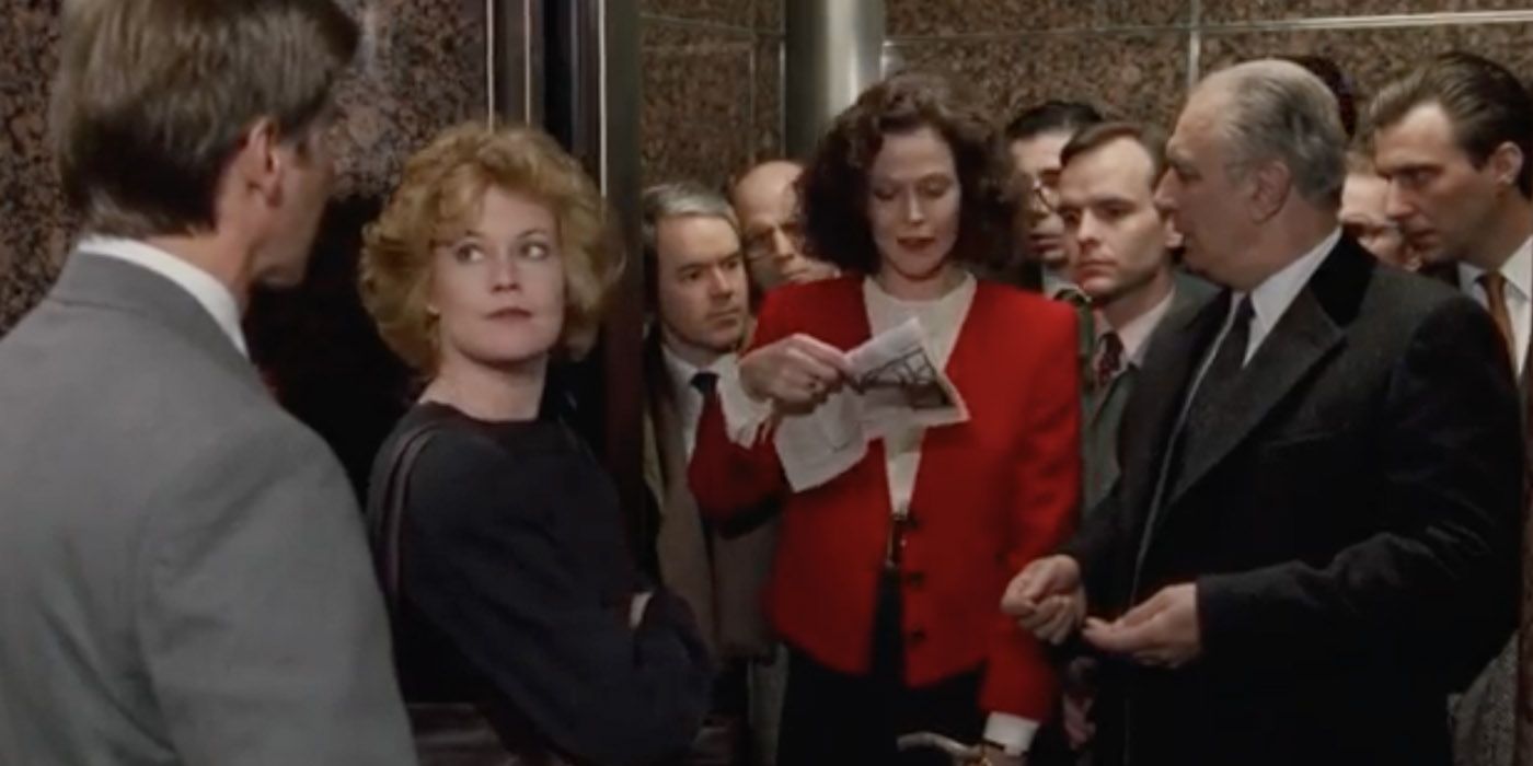 Sigourney Weaver in a packed elevator in Working Girl