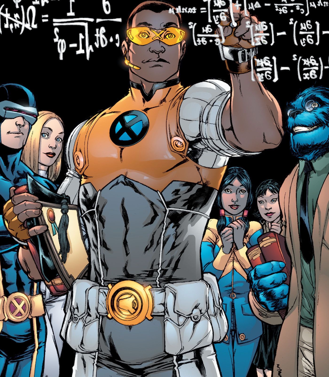 Mutant Prodigy doing an equation, as other members of the X-Men look on.