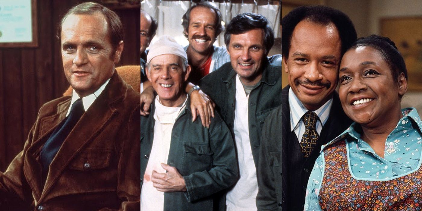 Split image of Bob Newhart with M*A*S*H and The Jeffersons characters