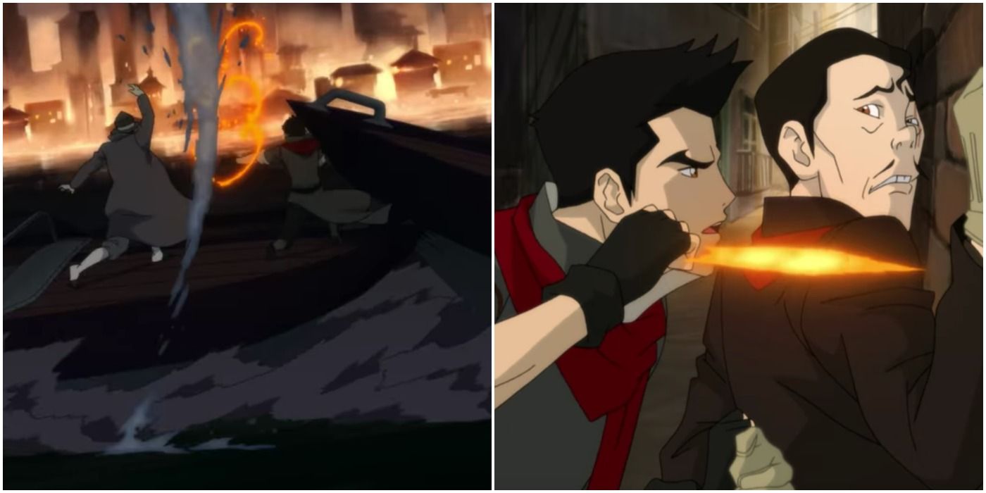 Split image of the triads and Mako fighting in The Legend of Korra