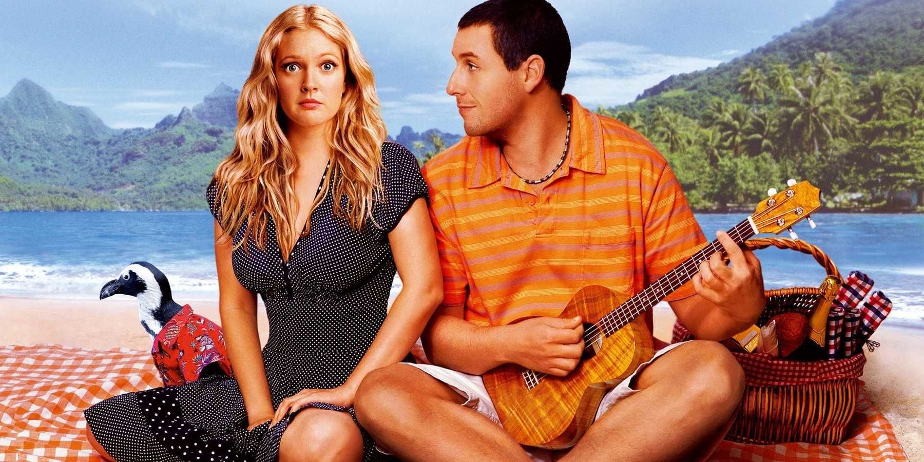 Drew Barrymore and Adam Sandler sitting on a beach in 50 First Dates