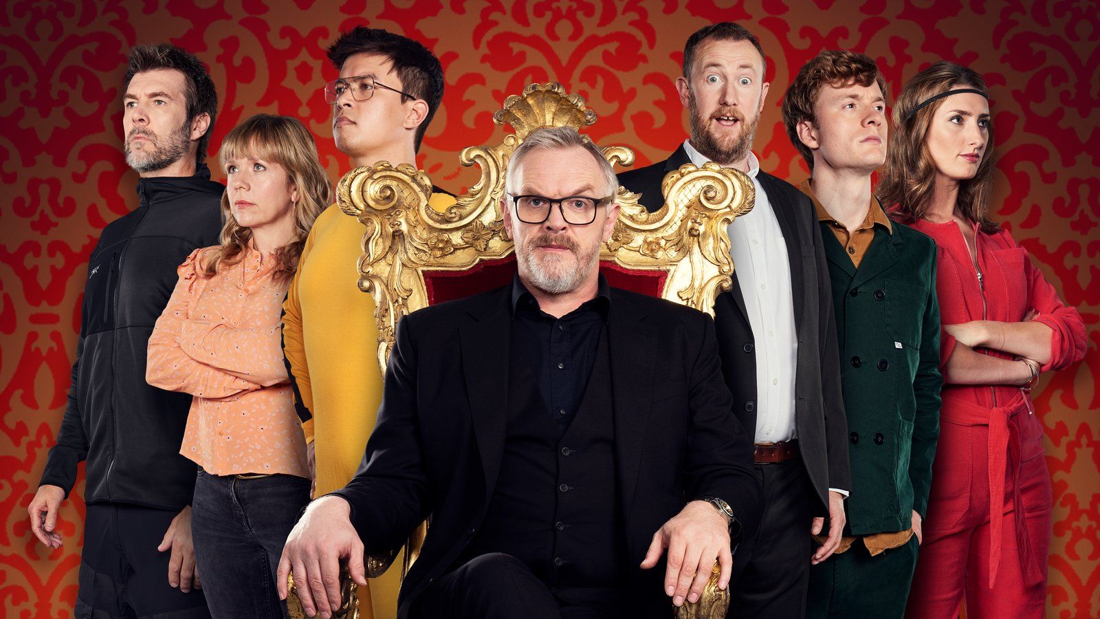 Greg Davies as host of Taskmaster with contestants in promo photo