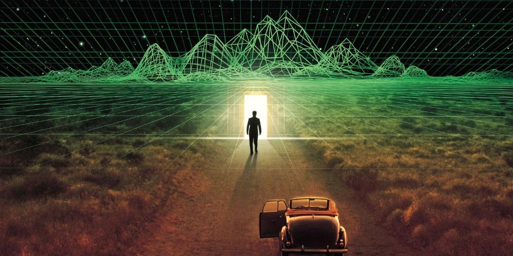 A lone figure walking from their car into digital mountains in The Thirteenth Floor promo image